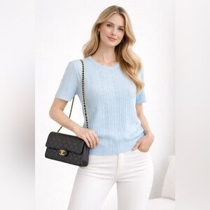 CHANEL Baby Blue Ribbed CC Logo Knit Top